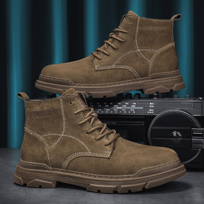 Mens Hand Stitching Leather Ankle Boots Casual Non Slip Arch Support Hiking Walking Driving Chukka Boots